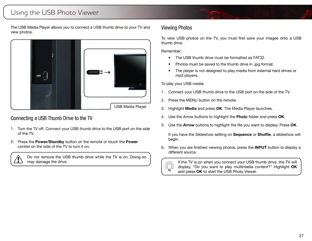 Vizio E470VLE user manual Using the USB Photo Viewer, Connecting a USB Thumb Drive to the TV, Viewing Photos 