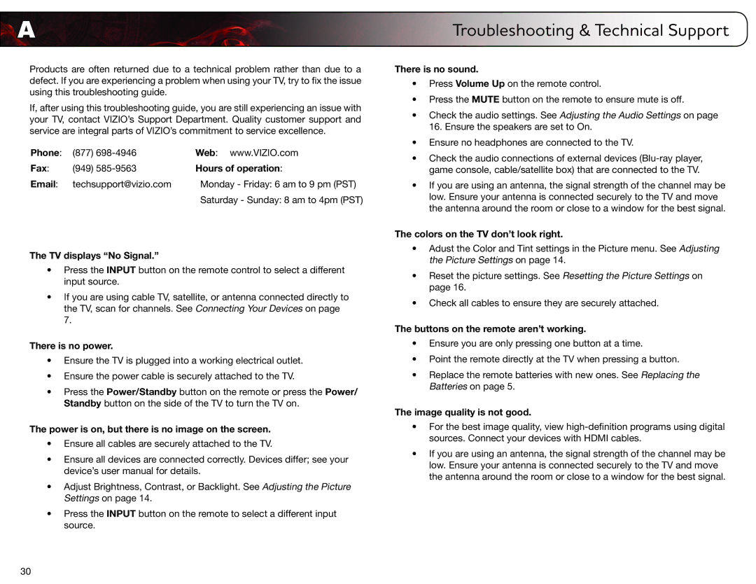 Vizio E470VLE user manual Phone, Fax, Hours of operation, TV displays No Signal, There is no power, There is no sound 