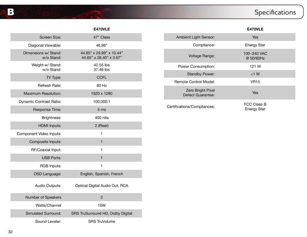 Vizio E470VLE user manual Specifications 