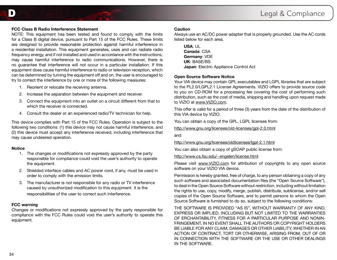 Vizio E470VLE FCC Class B Radio Interference Statement, FCC warning, Canada CSA Germany VDE, Open Source Software Notice 