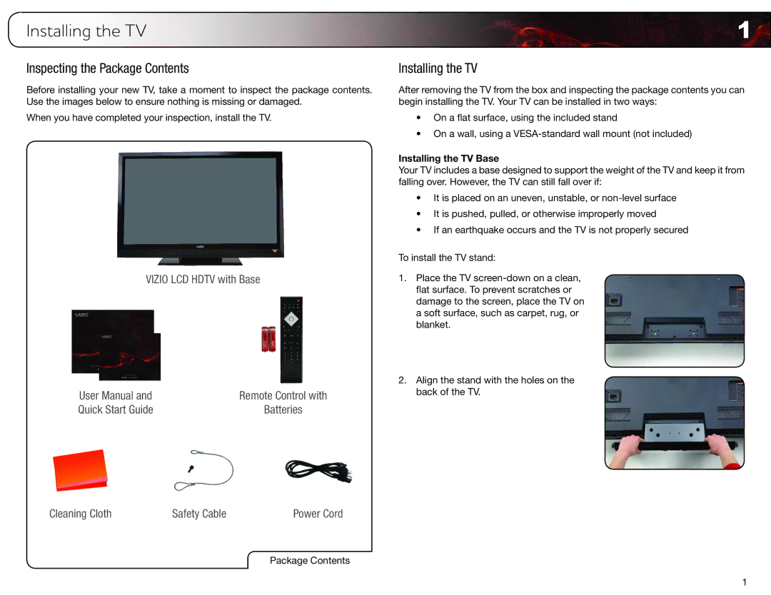 Vizio E470VLE user manual Installing the TV, Inspecting the Package Contents 