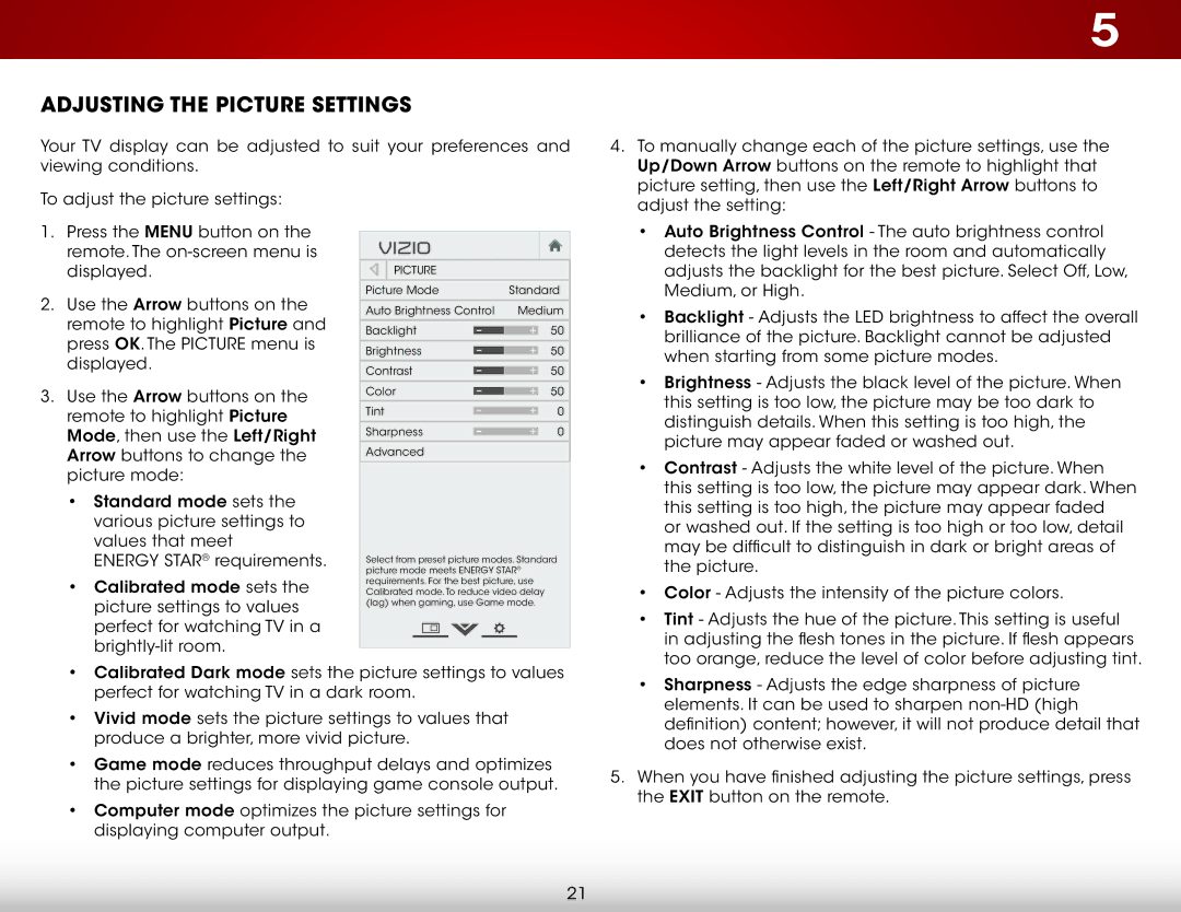 Vizio E400-B2, E480-B2 user manual Adjusting the Picture Settings, Vizio 