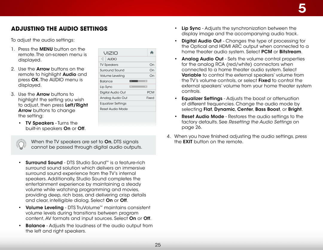 Vizio E400-B2, E480-B2 user manual Adjusting the Audio Settings, Factory defaults. See Resetting the Audio Settings on 