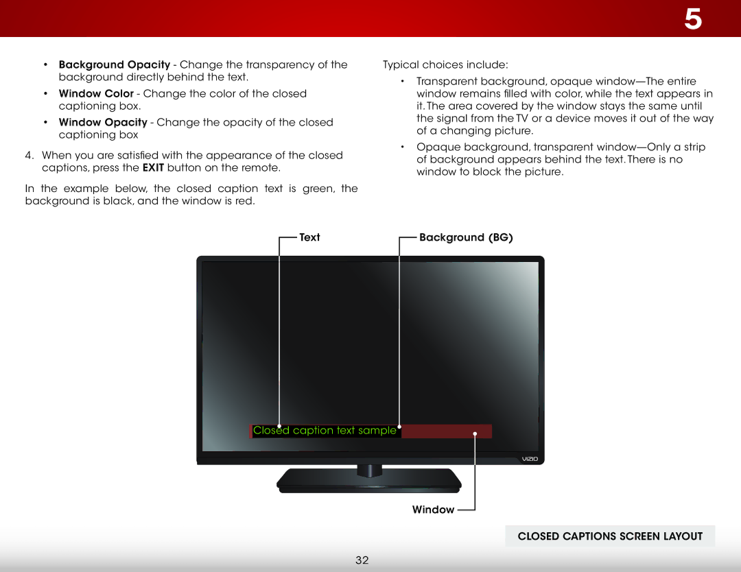 Vizio E480-B2, E400-B2 user manual Closed Captions Screen Layout 