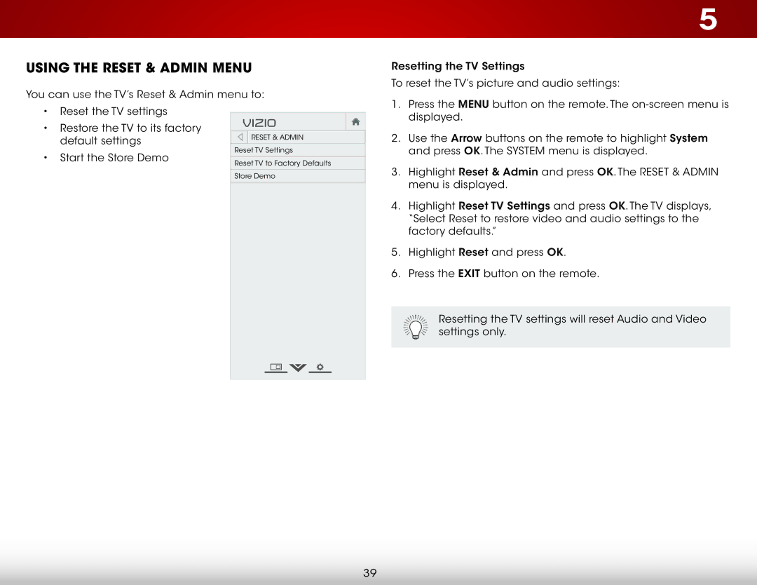 Vizio E400-B2, E480-B2 user manual Using the Reset & Admin Menu 