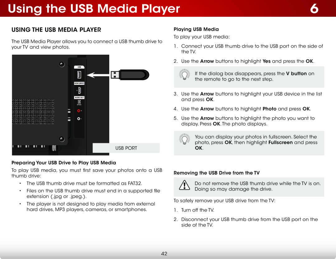 Vizio E480-B2, E400-B2 user manual Using the USB Media Player 