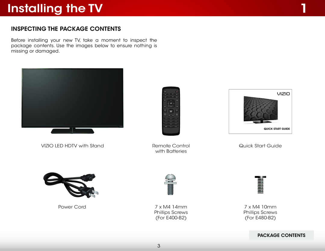 Vizio E400-B2, E480-B2 user manual Installing the TV, Inspecting the Package Contents 