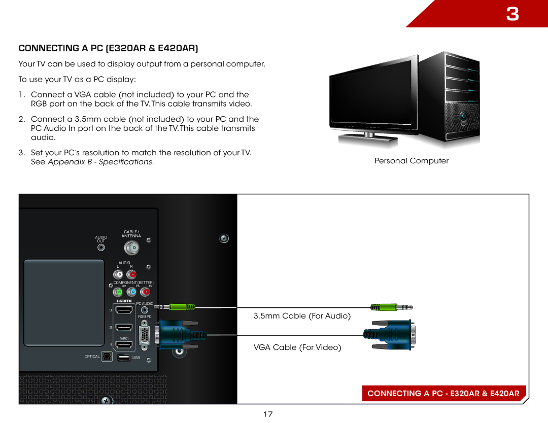 Vizio E240AR, E500AR warranty Connecting a PC E320AR & E420AR 