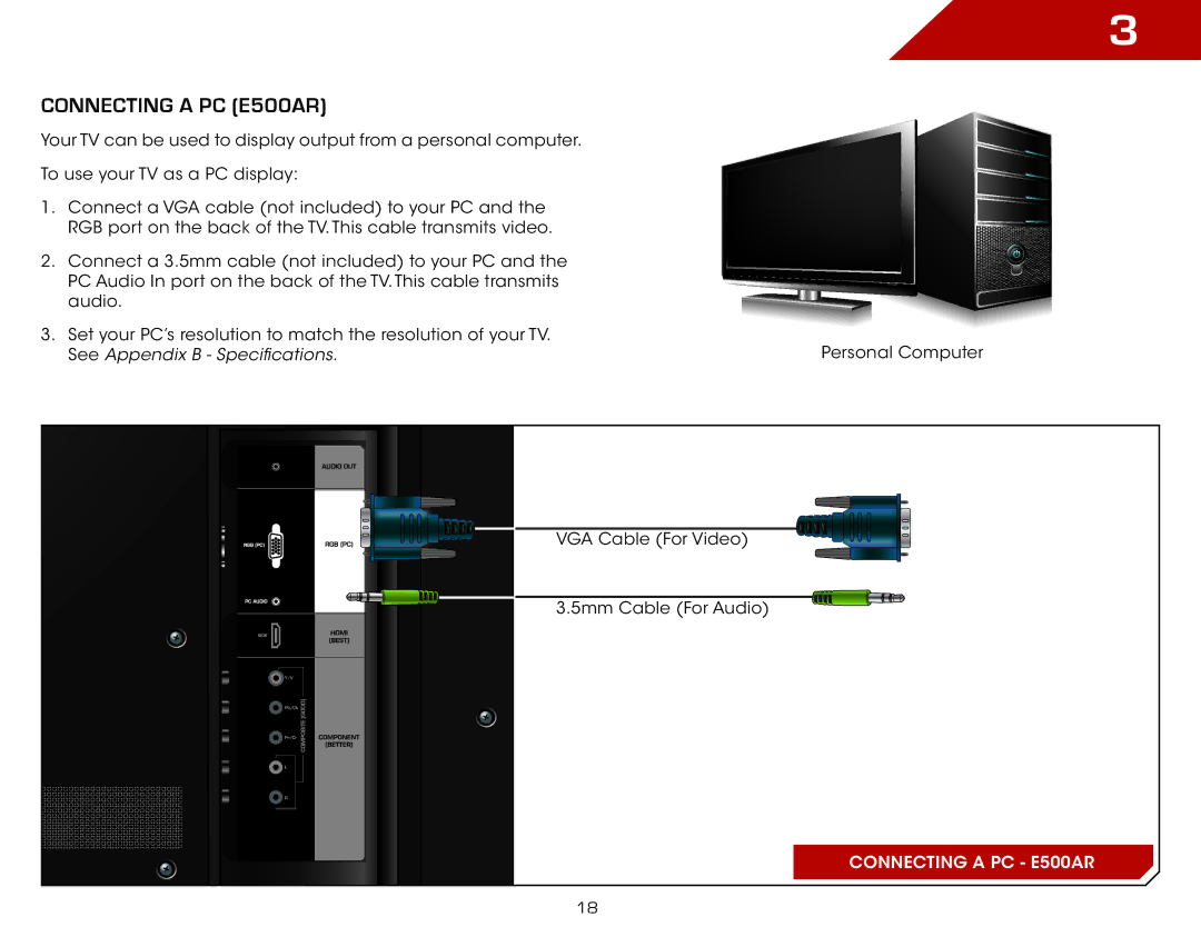 Vizio E420AR, E320AR, E240AR warranty Connecting a PC E500AR 