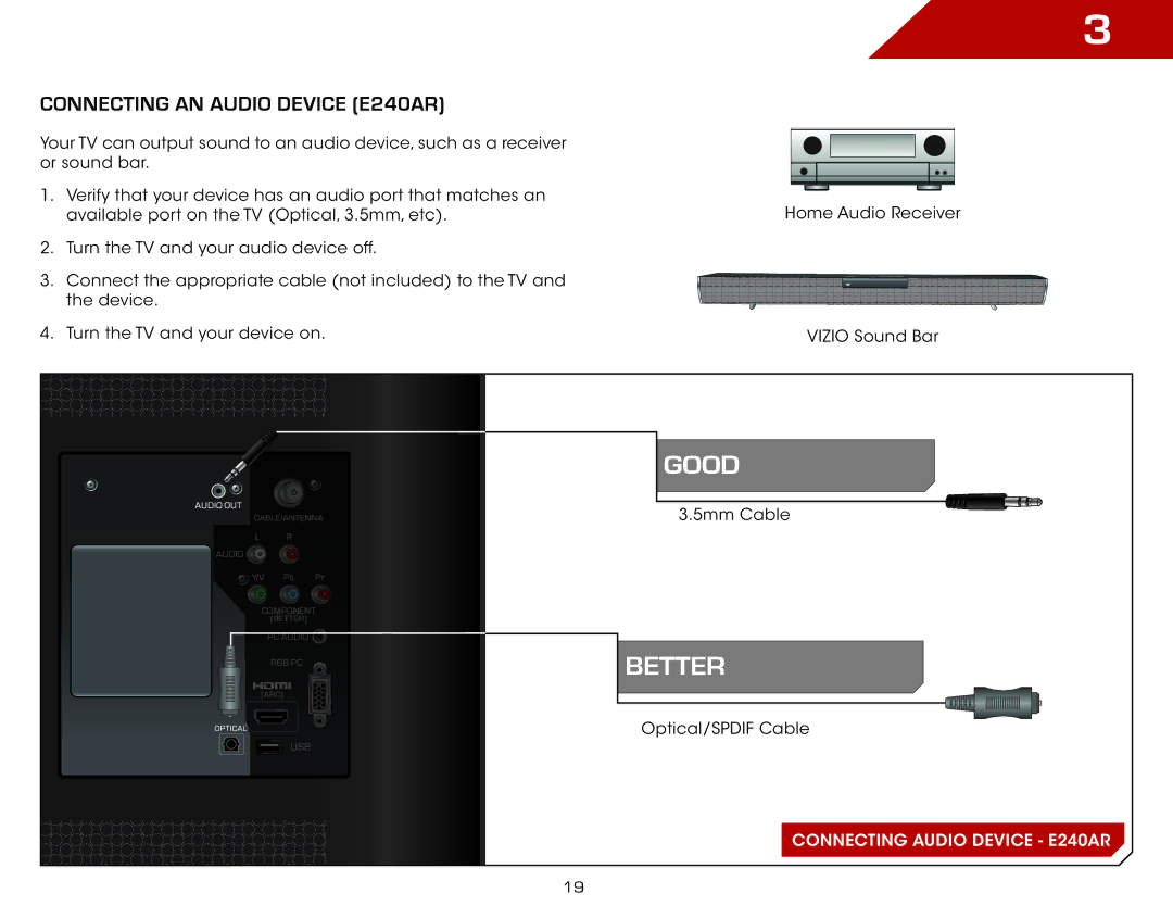 Vizio E420AR, E500AR, E320AR warranty Good, Connecting an audio device E240AR 