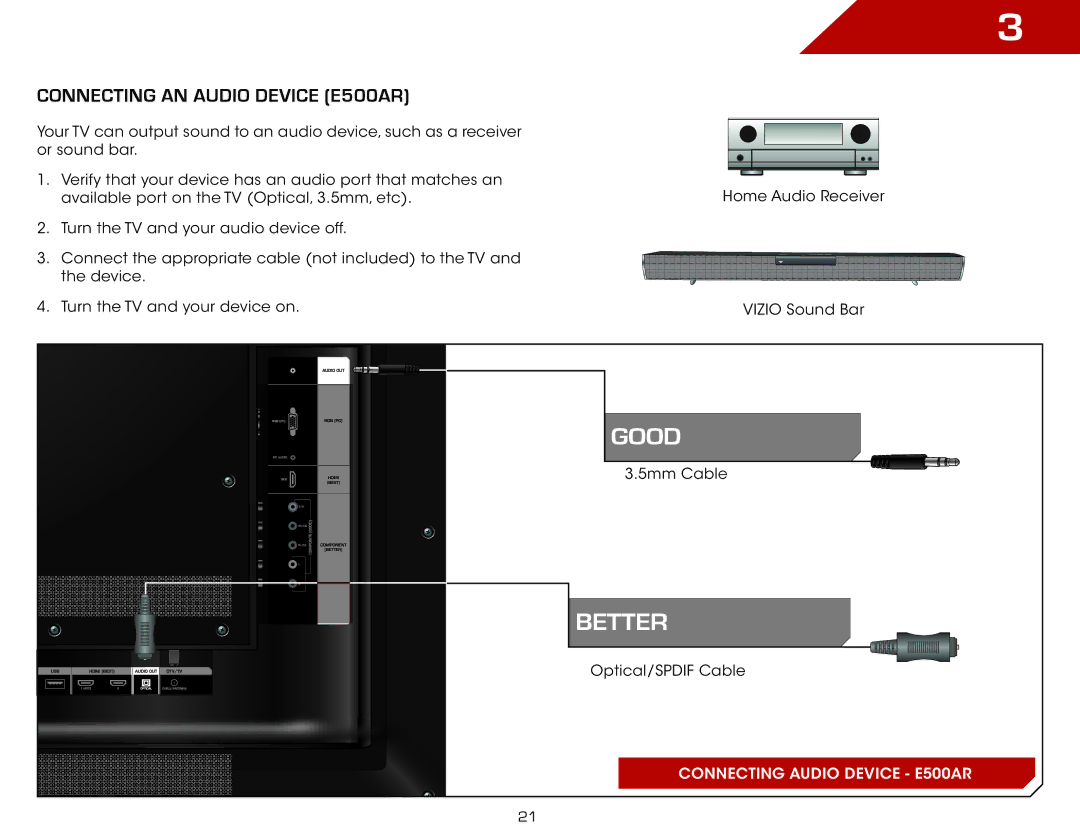 Vizio E240AR, E420AR, E320AR warranty Connecting an audio device E500AR 