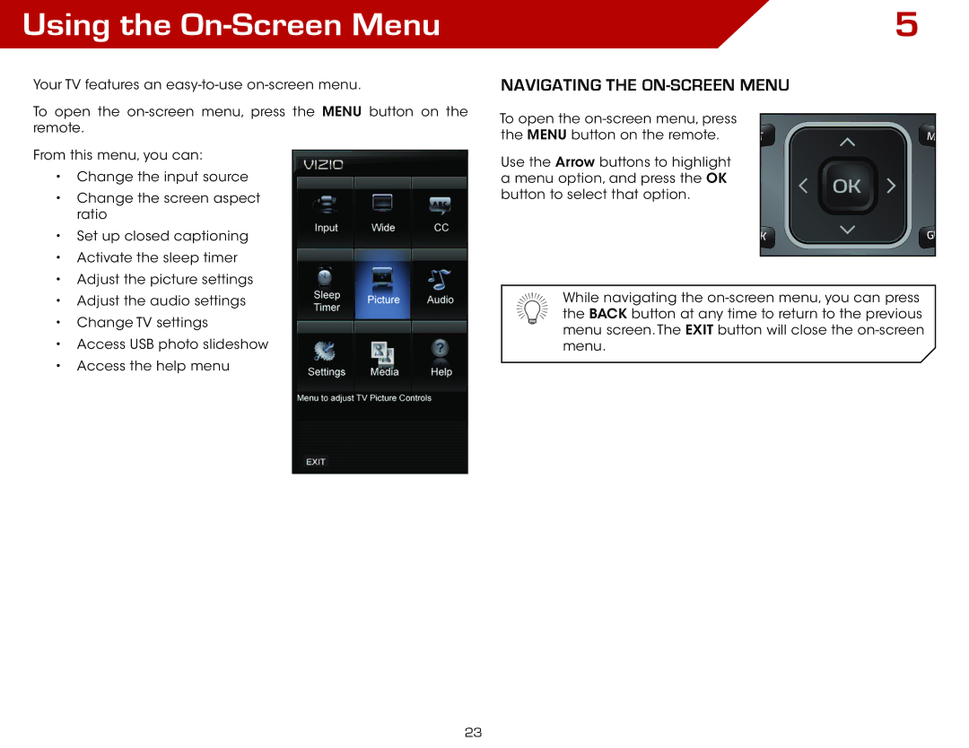 Vizio E420AR, E500AR, E320AR, E240AR warranty Using the On-Screen Menu, Navigating the On-Screen Menu 