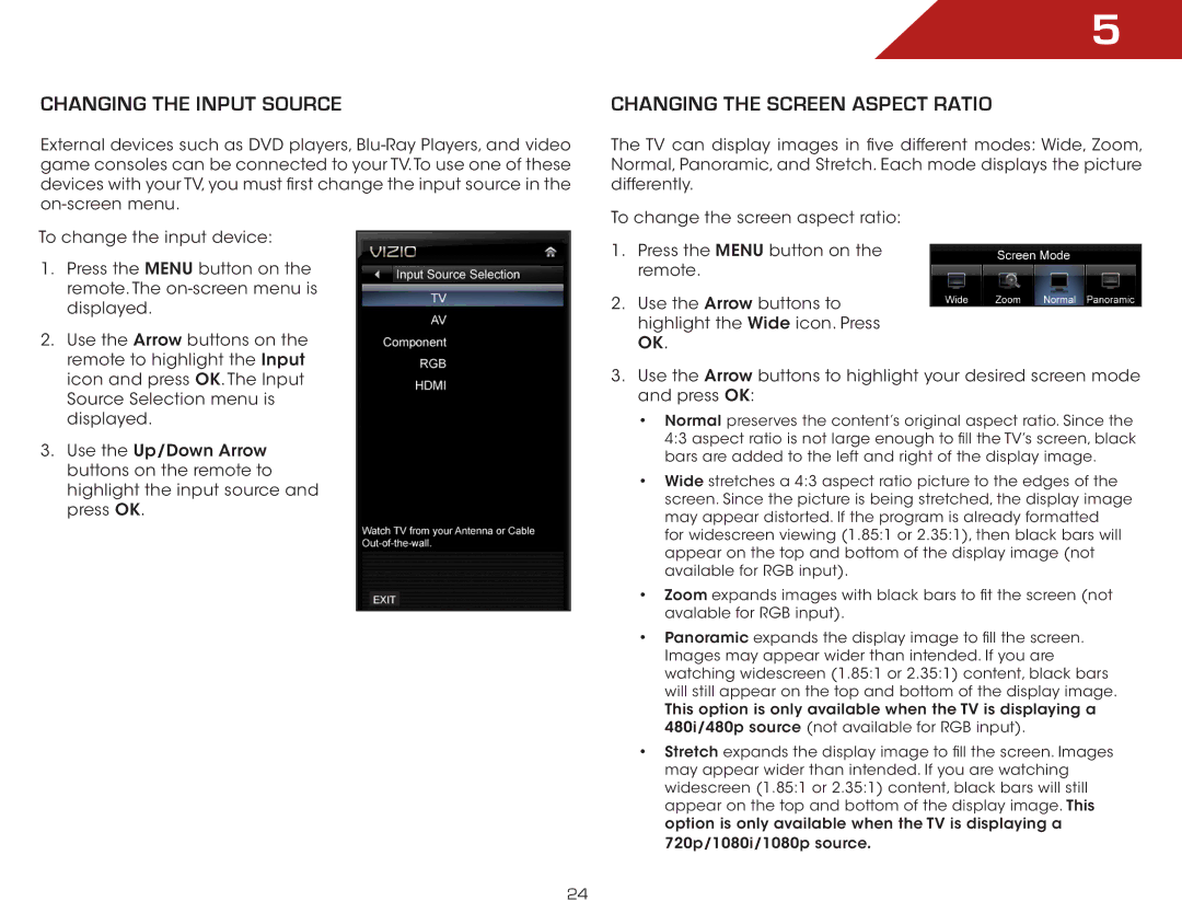 Vizio E320AR, E500AR, E420AR, E240AR warranty Changing the Input Source, Changing the Screen Aspect Ratio 