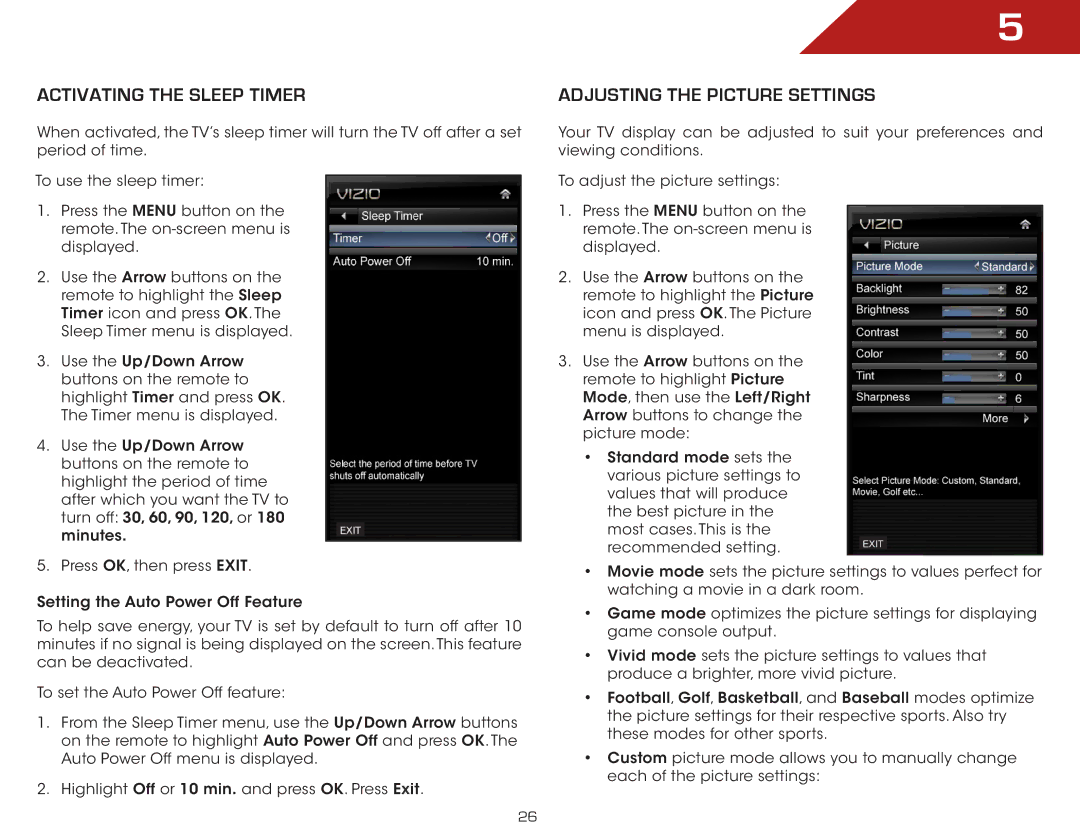 Vizio E500AR, E420AR, E320AR, E240AR warranty Activating the Sleep Timer, Adjusting the Picture Settings 