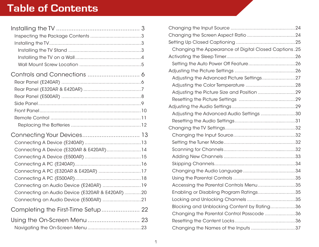 Vizio E240AR, E500AR, E420AR, E320AR warranty Table of Contents 