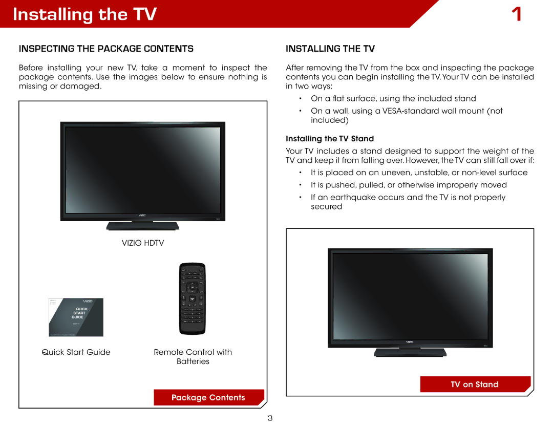 Vizio E420AR, E500AR, E320AR, E240AR warranty Installing the TV, Inspecting the Package Contents 