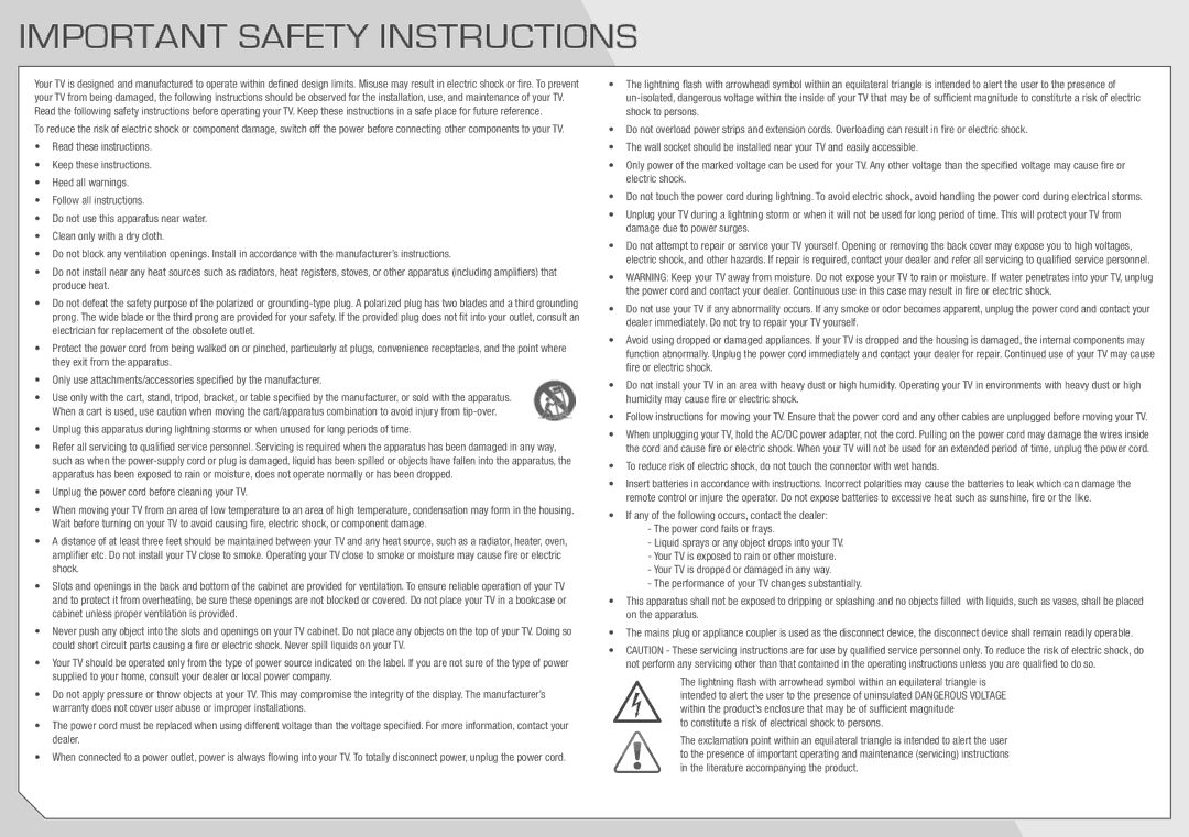 Vizio E500AR quick start Important Safety Instructions, Unplug the power cord before cleaning your TV 