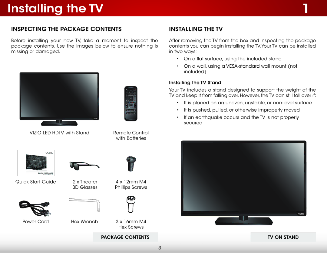 Vizio E500DA0 user manual Installing the TV, Inspecting the Package Contents 