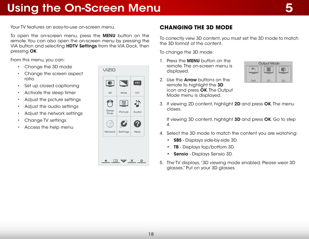 Vizio E500DA0 user manual Using the On-Screen Menu, Changing the 3D Mode 