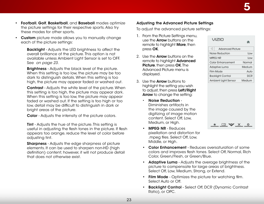 Vizio E500DA0 user manual Football, Golf, Basketball, and Baseball modes optimize 