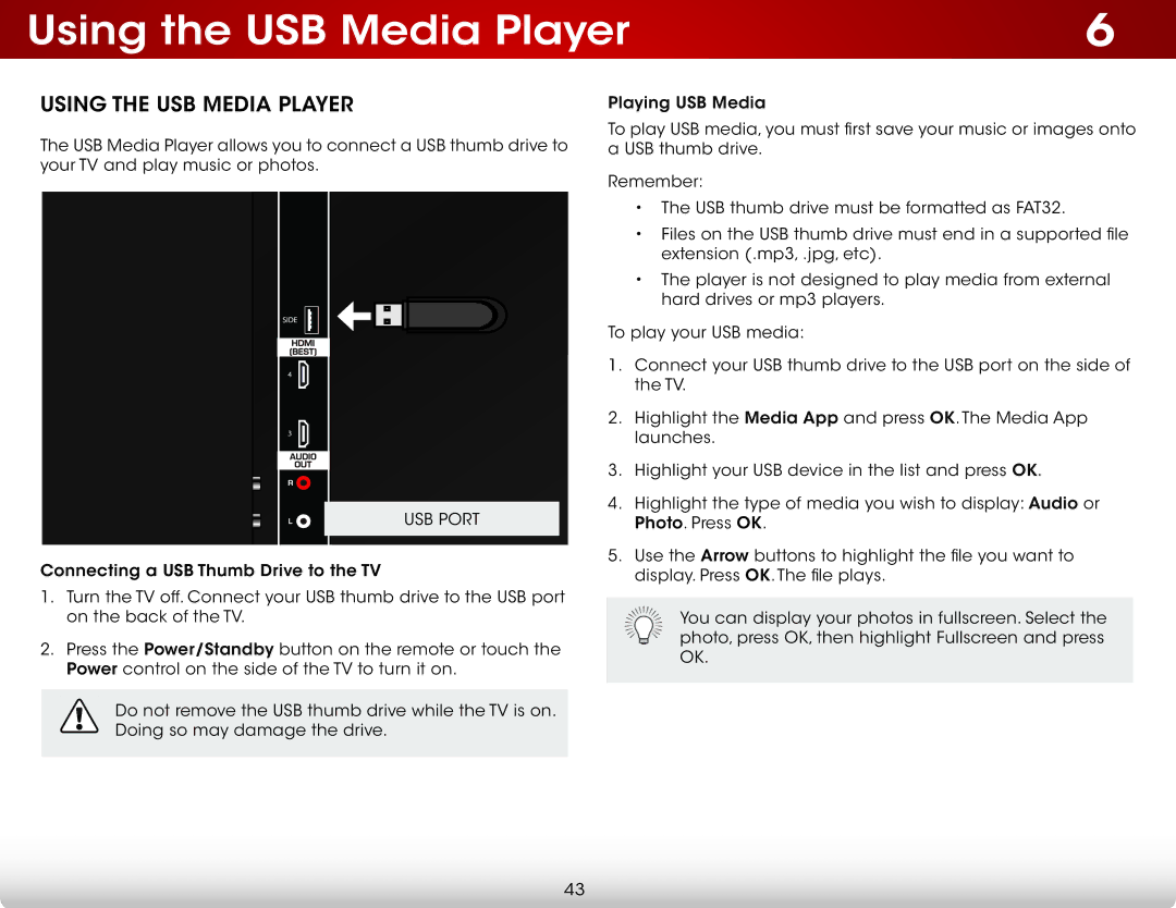 Vizio E500DA0 user manual Using the USB Media Player, USB Port 