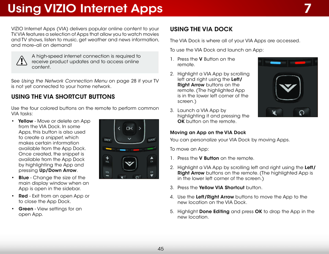 Vizio E500DA0 user manual Using Vizio Internet Apps, Using the VIA Shortcut Buttons, Using the VIA Dock 