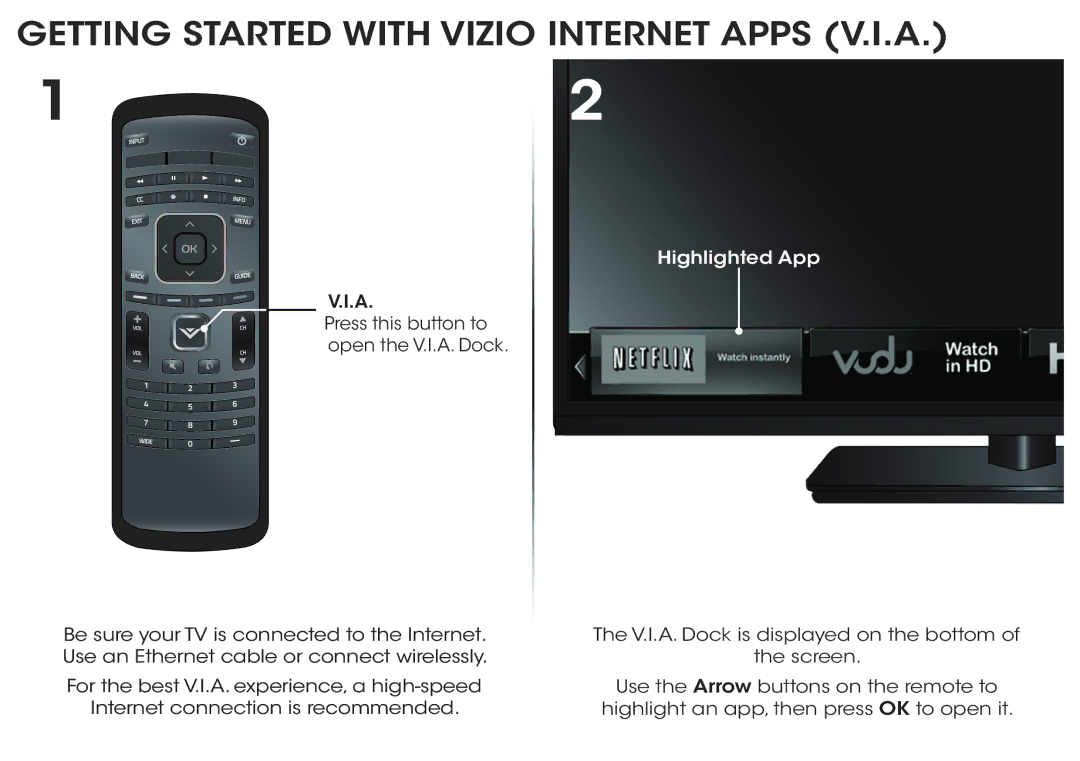 Vizio E500i-A0, E470i-A0 manual Getting Started with Vizio Internet Apps V.I.A, Highlighted App 