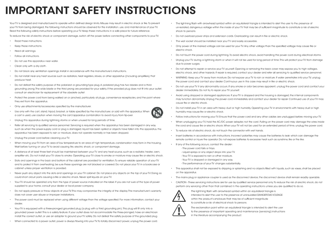 Vizio E500i-A0, E470i-A0 manual Important Safety Instructions 