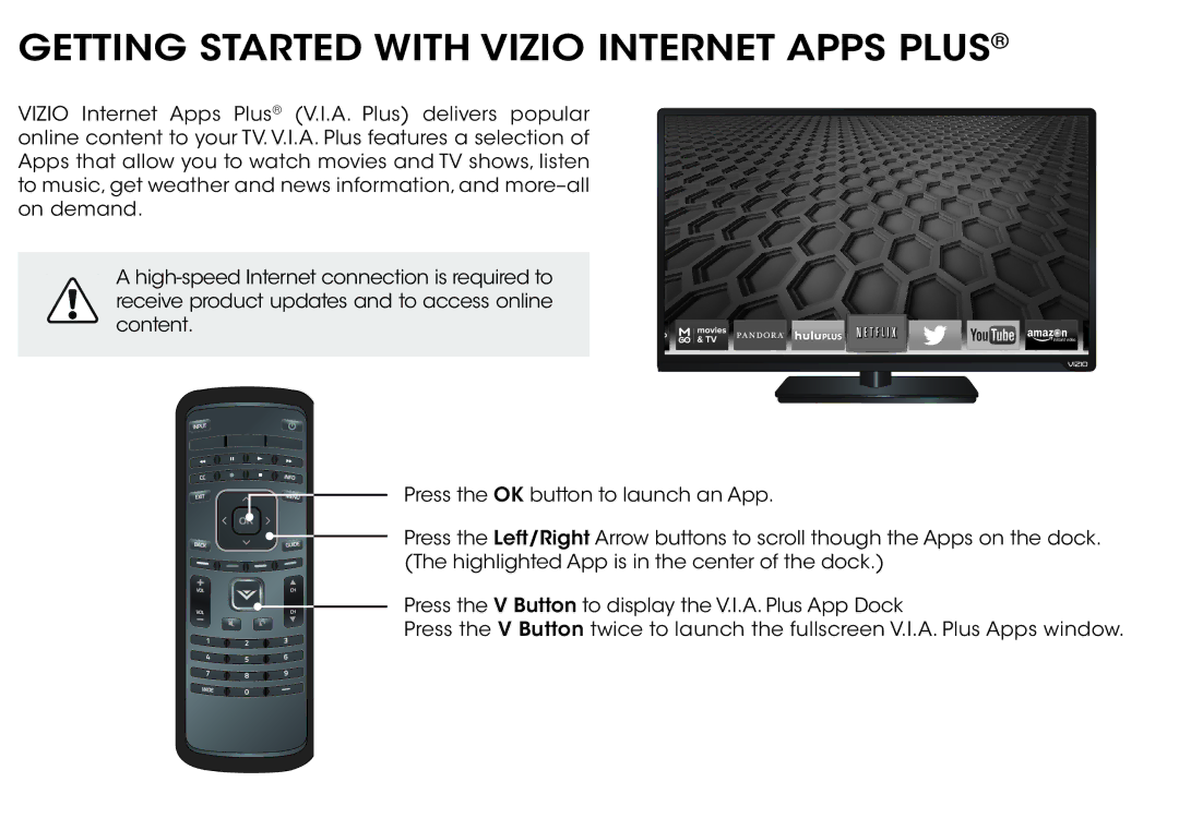 Vizio E500I-A1 manual Getting Started with Vizio Internet Apps Plus 