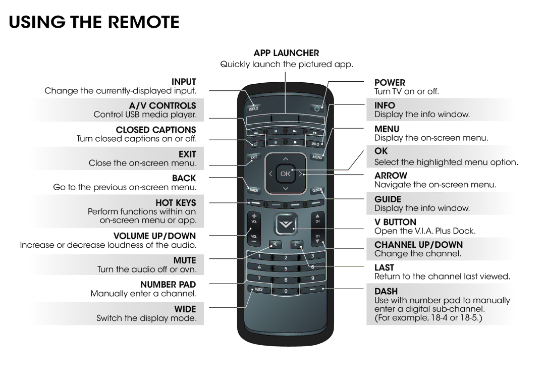 Vizio E500I-A1 manual Using the Remote 