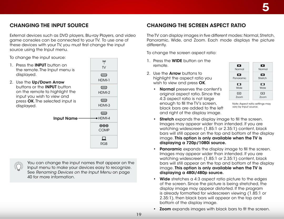 Vizio E500I-A1 user manual Changing the Input Source, Changing the Screen Aspect Ratio 