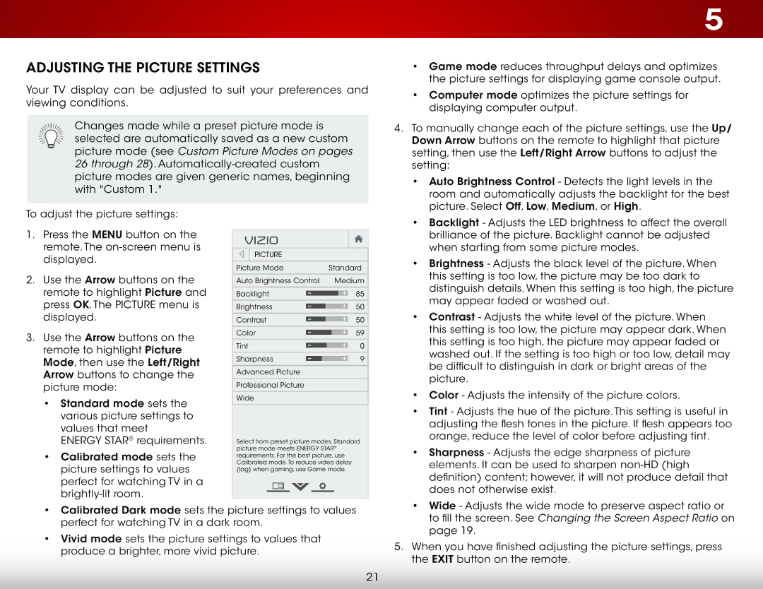 Vizio E500I-A1 user manual Adjusting the Picture Settings 