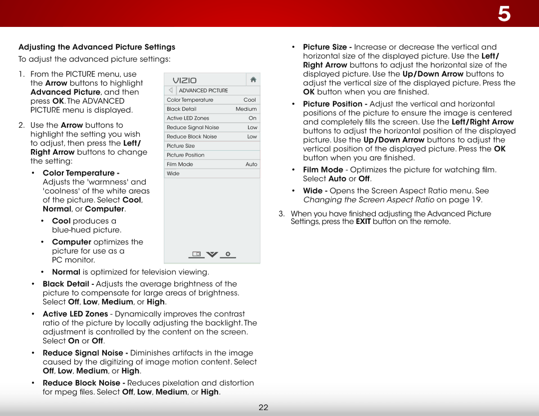 Vizio E500I-A1 user manual Arrow buttons to highlight Advanced Picture, and then 