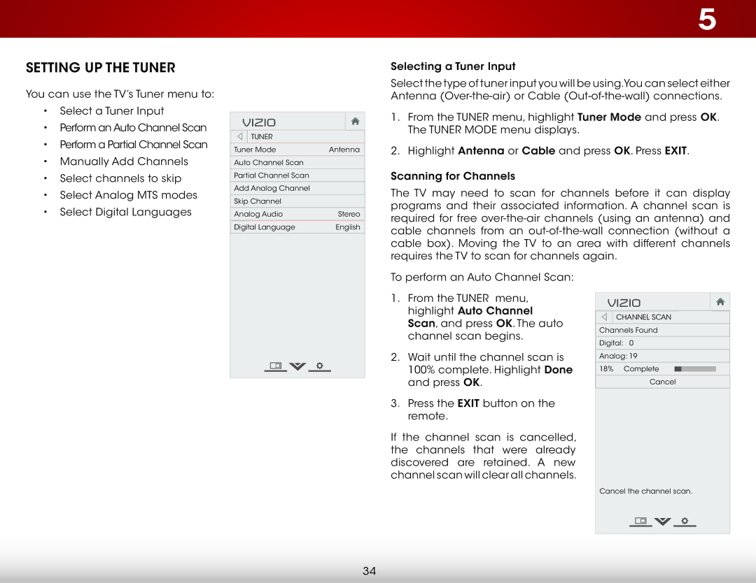 Vizio E500I-A1 user manual Setting Up the Tuner 