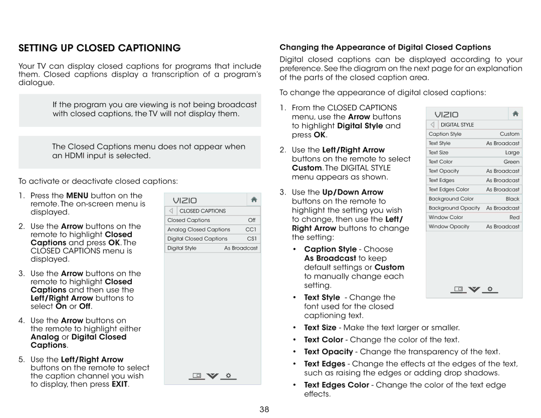 Vizio E500I-A1 user manual Setting Up Closed Captioning 