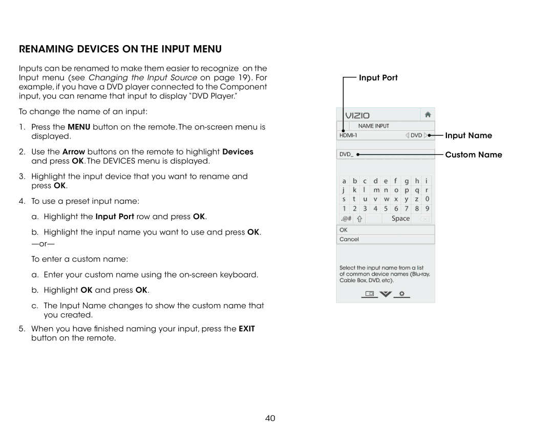 Vizio E500I-A1 user manual Renaming Devices on the Input Menu 