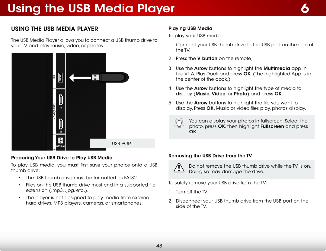 Vizio E500I-A1 user manual Using the USB Media Player, USB Port 