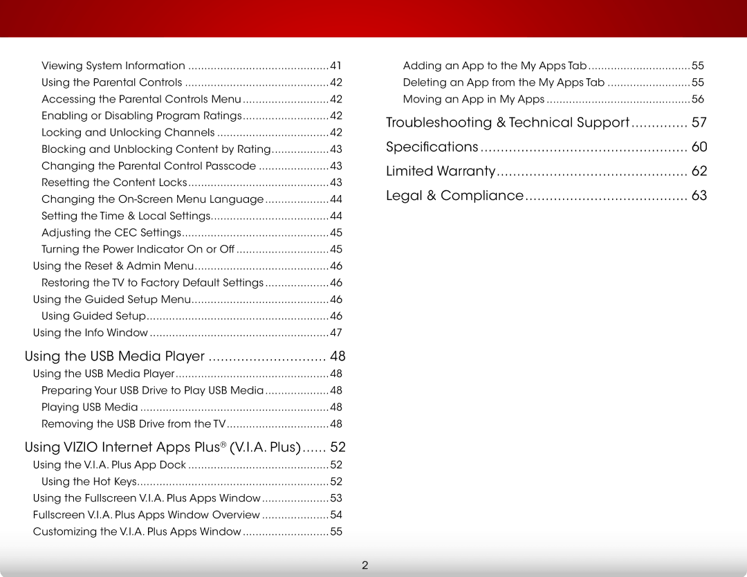Vizio E500I-A1 user manual Using the USB Media Player, Using Vizio Internet Apps Plus V.I.A. Plus 