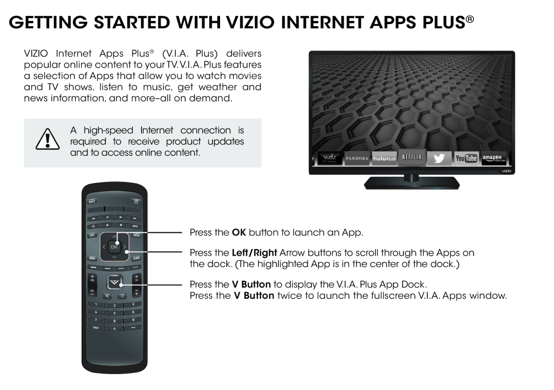 Vizio E500i-B1 manual Getting Started with Vizio Internet Apps Plus 