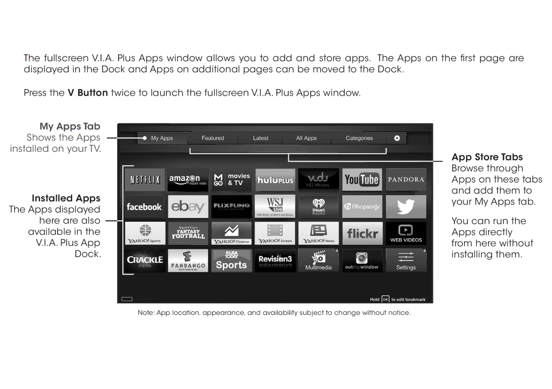 Vizio E500i-B1 manual My Apps Tab Shows the Apps installed on your TV 