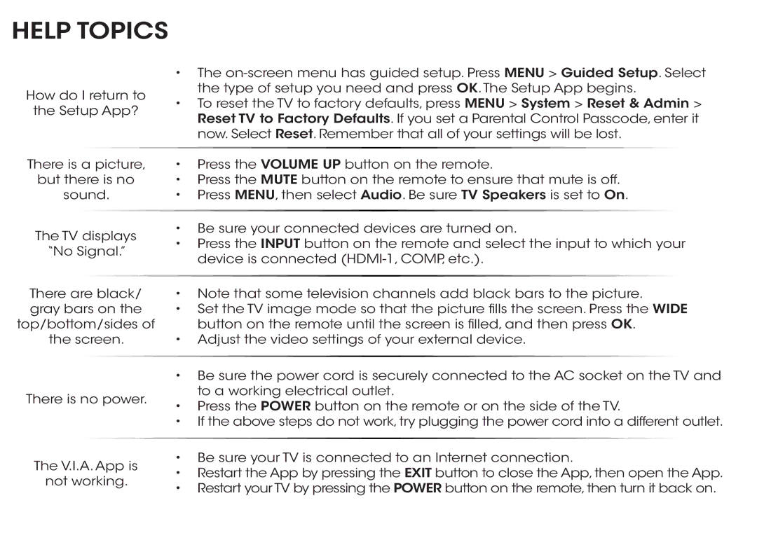 Vizio E500i-B1 manual Help Topics 