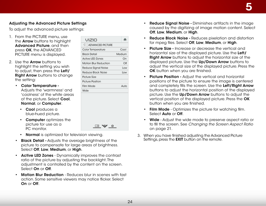 Vizio E500i-B1 user manual Arrow buttons to highlight Advanced Picture, and then 
