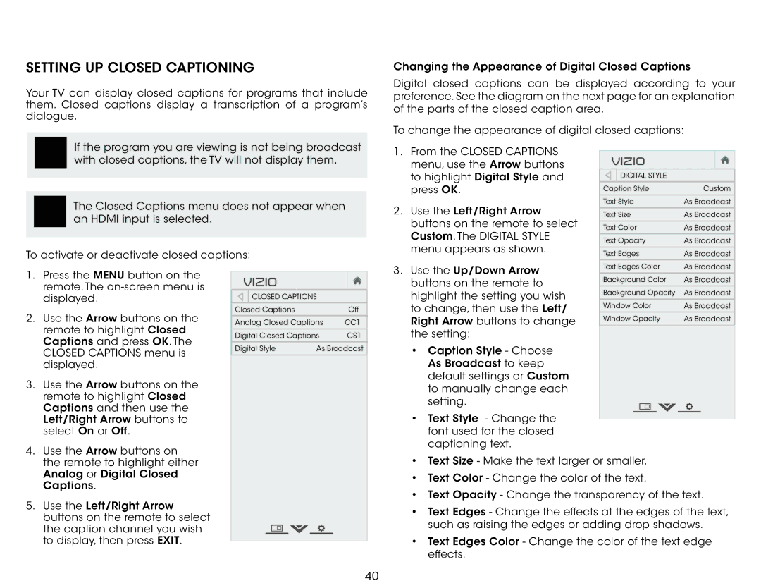 Vizio E500i-B1 user manual Setting UP Closed Captioning 