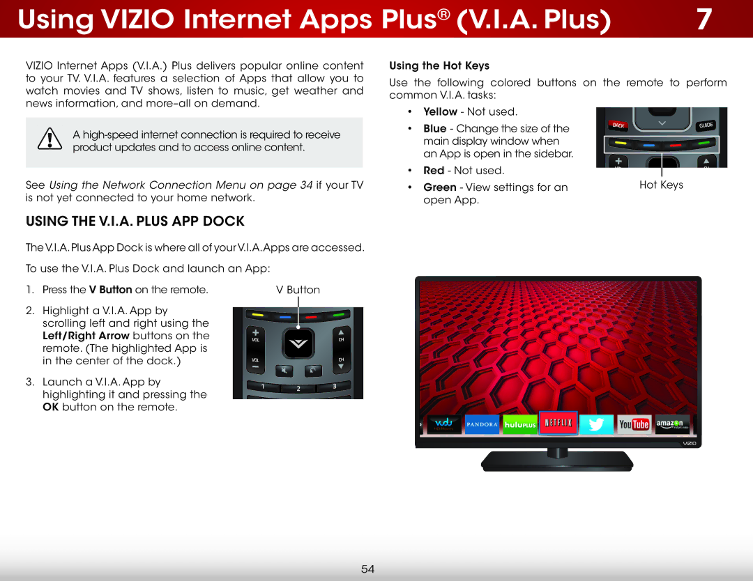 Vizio E500i-B1 user manual Using Vizio Internet Apps Plus V.I.A. Plus, Using the V.I.A. Plus APP Dock 