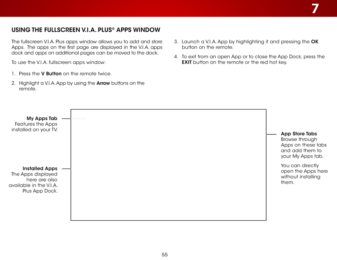 Vizio E500i-B1 user manual Using the Fullscreen V.I.A. Plus Apps Window 