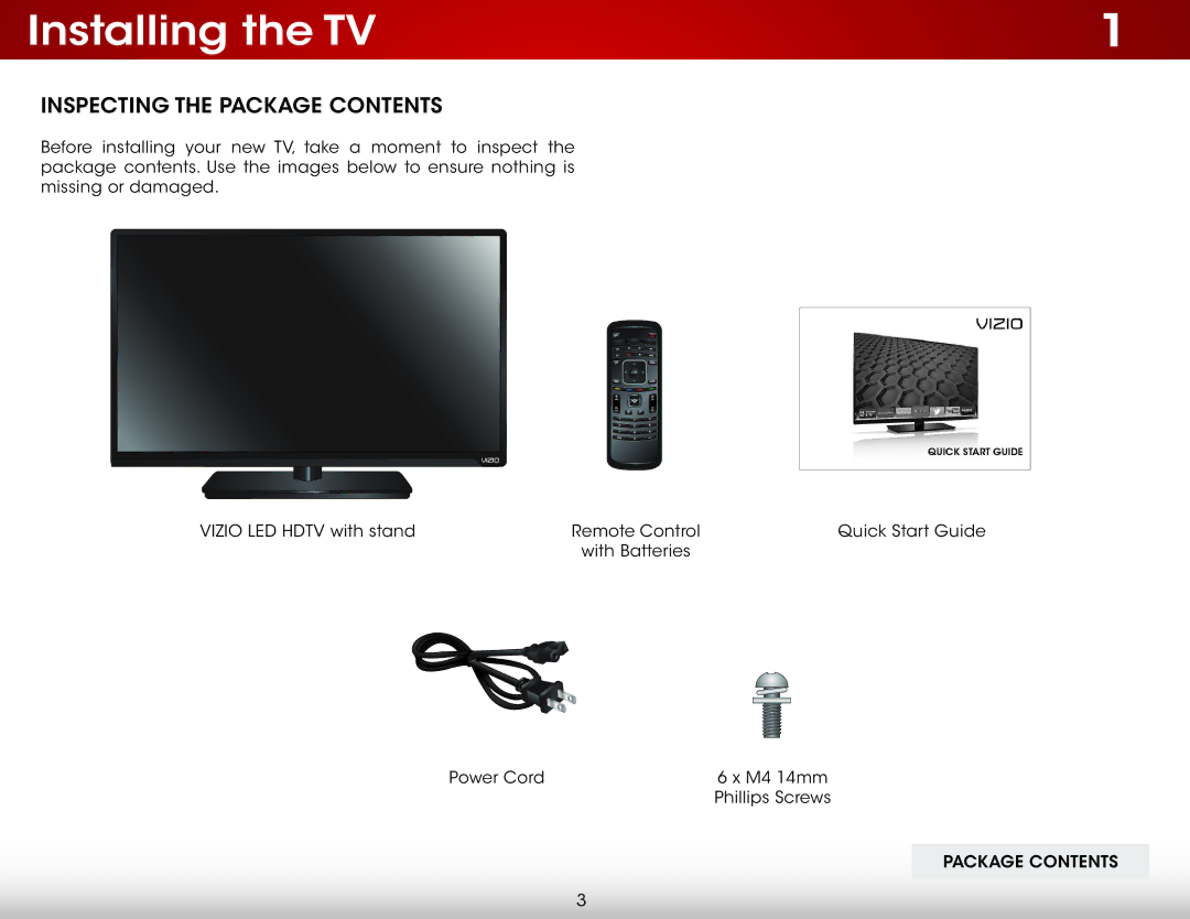 Vizio E500i-B1 user manual Installing the TV, Inspecting the Package Contents 