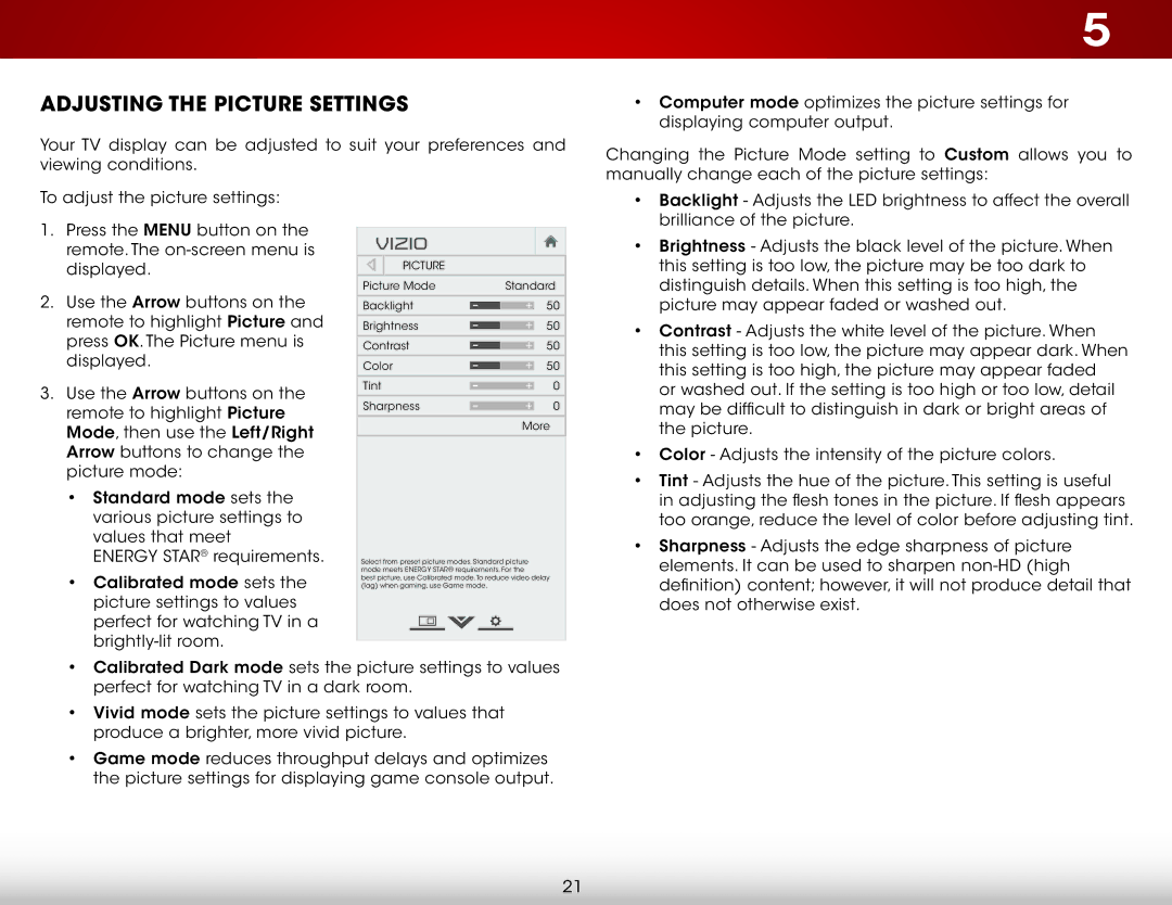 Vizio E500i-B1E user manual Adjusting the Picture Settings, Vizio 