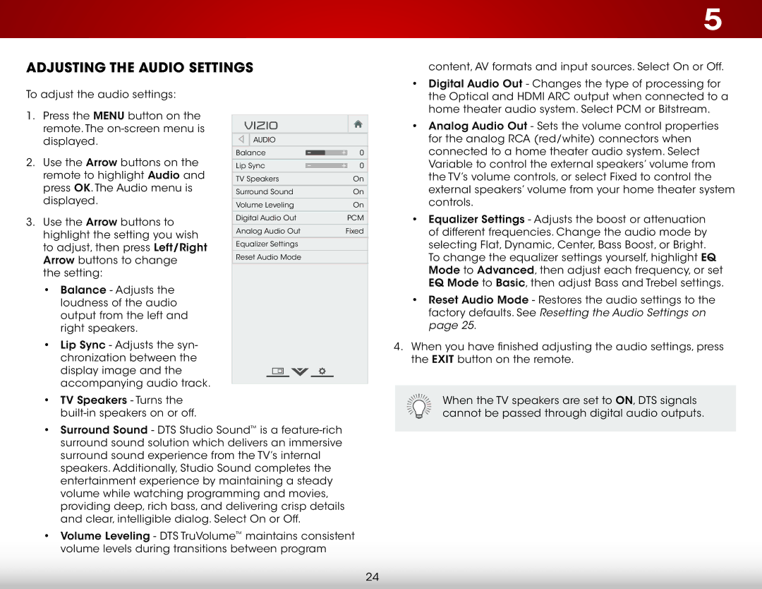 Vizio E500i-B1E user manual Adjusting the Audio Settings 