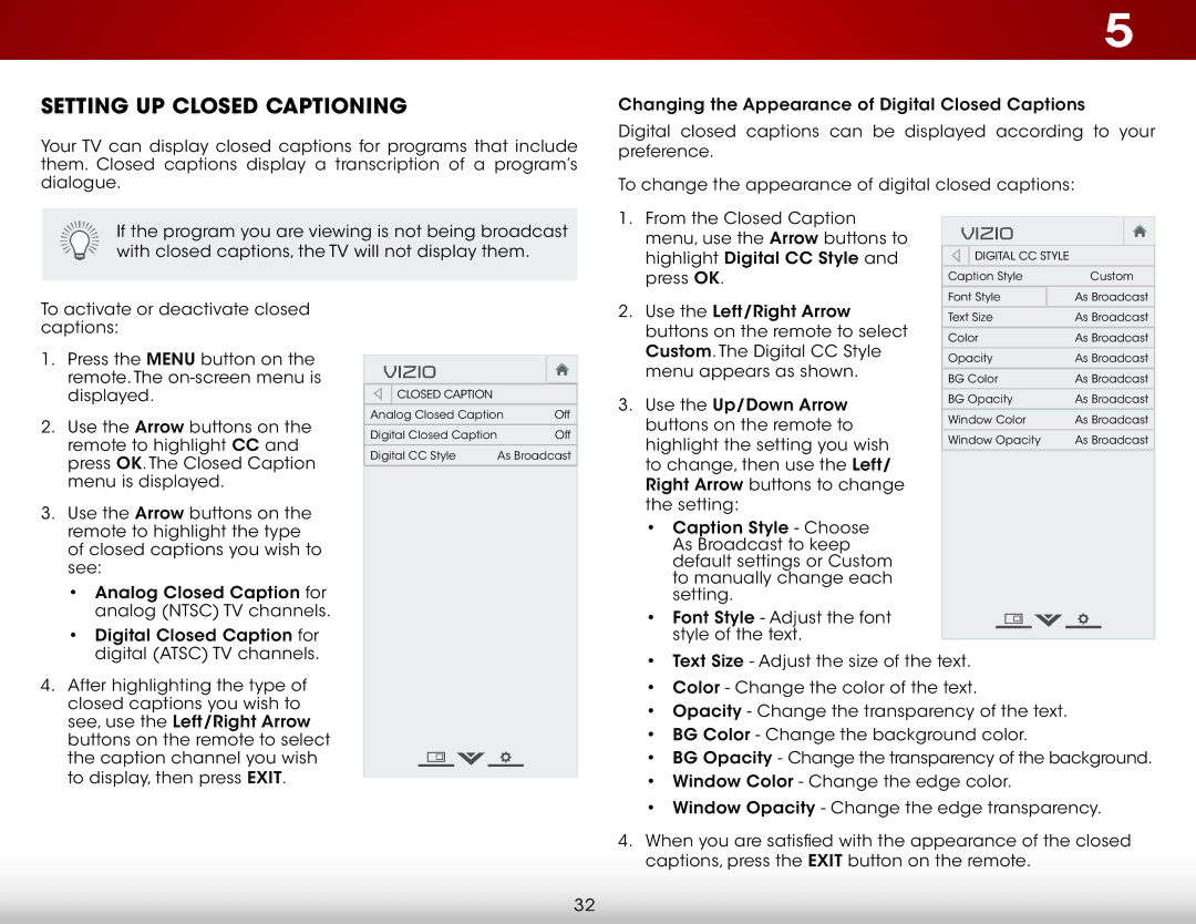 Vizio E500i-B1E user manual Setting Up Closed Captioning 