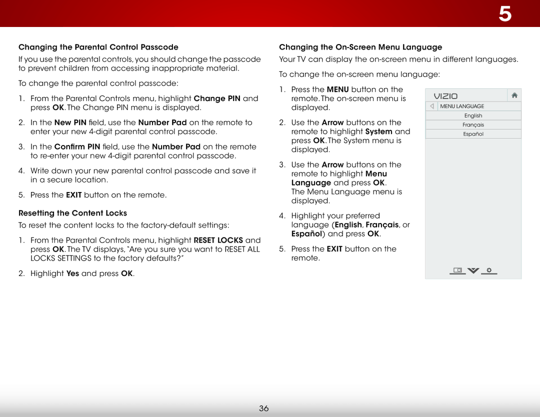 Vizio E500i-B1E user manual Menu Language English Français Español 